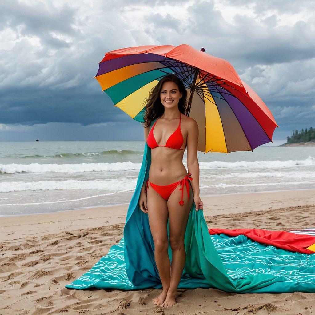 A serene, slightly overcast beach scene at Duluth, with gentle waves lapping at the shore. A model wearing a stylish bikini, looking joyful and relaxed despite the gloomy weather, stands on the soft sand surrounded by lush greenery. Colorful beach umbrellas and a cozy beach blanket add warmth to the setting. The horizon features hints of sunlight breaking through the clouds, creating a soft glow. super-realistic. vibrant colors. 3D.