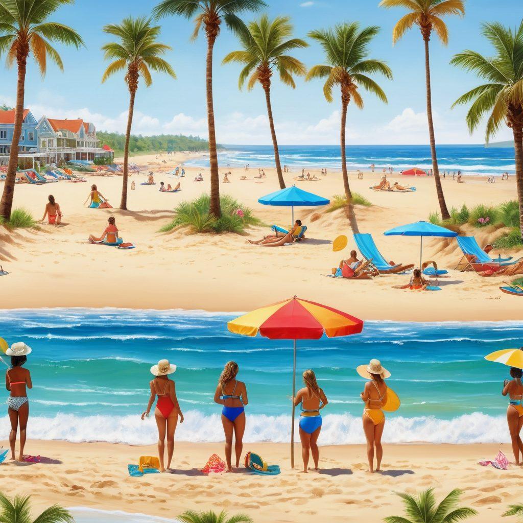 A vibrant beach scene showcasing people enjoying various outdoor activities like surfing, beach volleyball, and sunbathing on Duluth's sandy shores. Emphasize colorful swimsuits and fashionable beach accessories, with a backdrop of golden sand and gentle waves under a bright blue sky. Include tropical elements like palm trees and beach umbrellas for added fun. super-realistic. vibrant colors. white background.